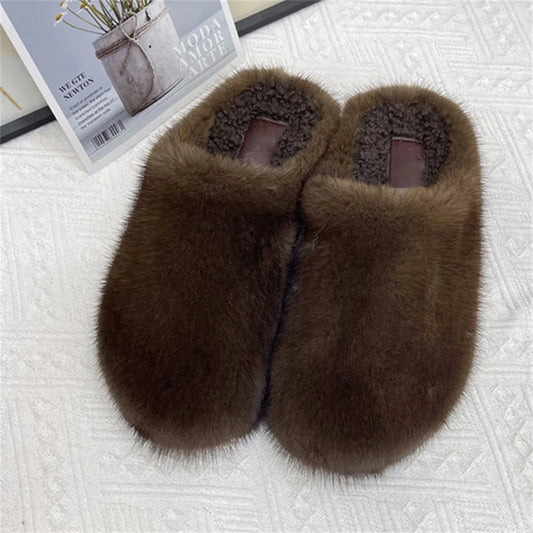 Fashion 100% Real Mink Fur Women's Mules Slippers Plush Comfortable Flat Clogs Sandals Outdoor Slides Home Shoes For Woman